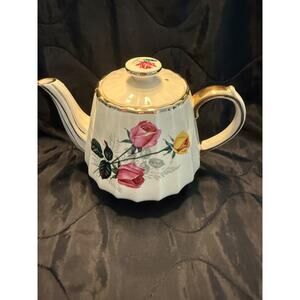 VTG Sadler Teapot Yellow/Pink Roses Ribbed Fluted Gold Trim Made England
